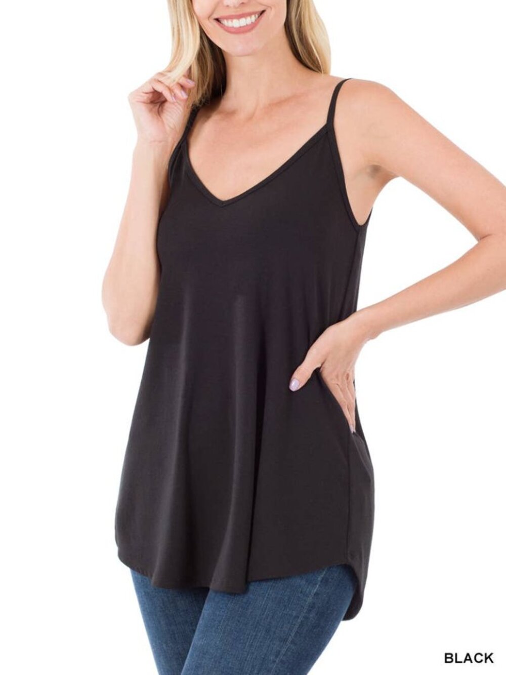 Reversible Spaghetti Strap Black Tank Top, Black